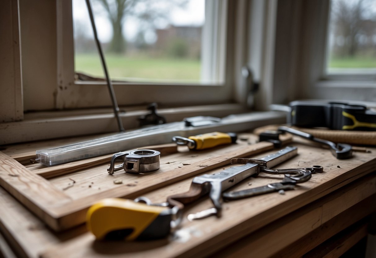 A sash window being repaired with tools and materials next to a new replacement window, showcasing the comparison between the two options