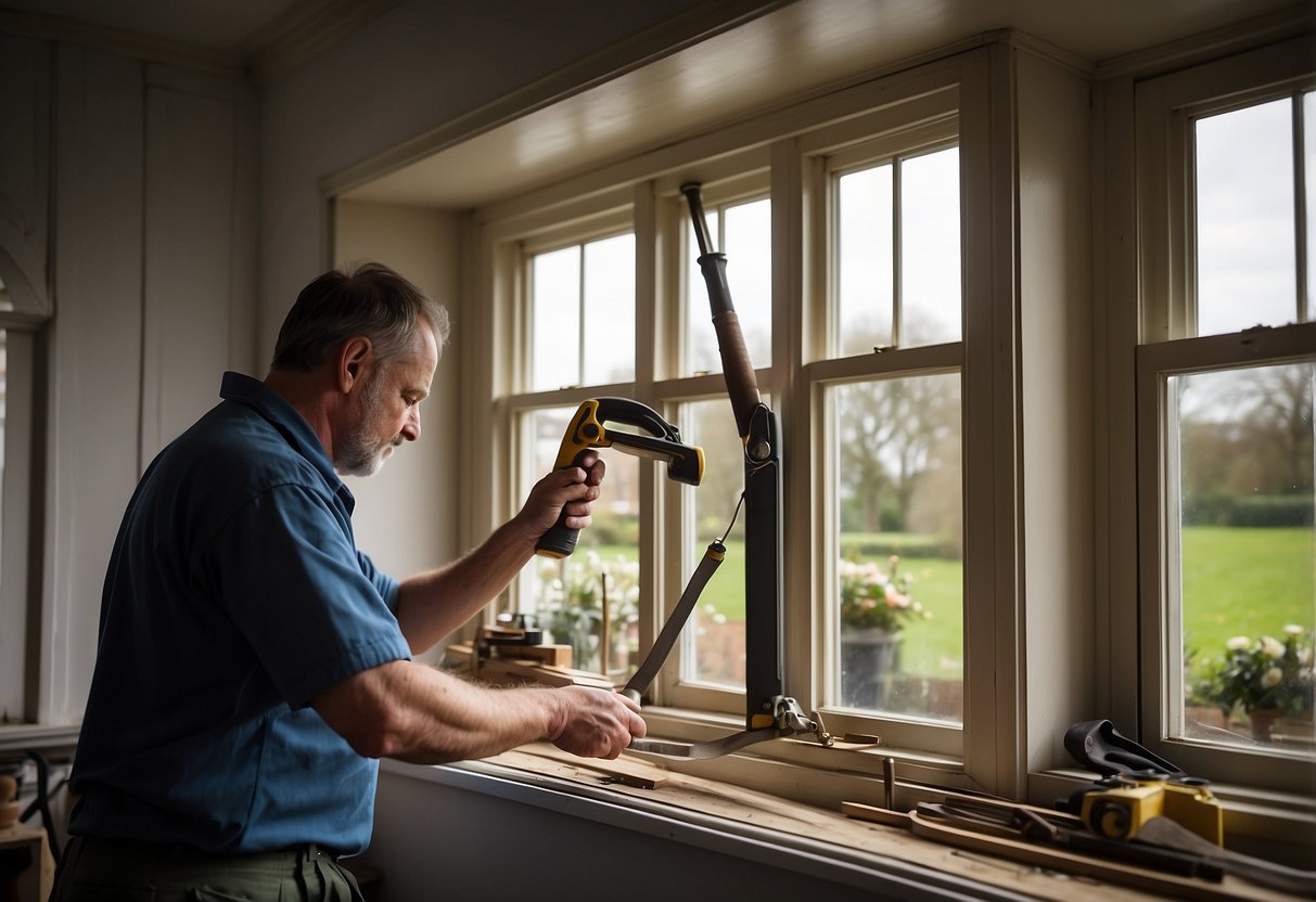 A sash window being repaired with tools and materials next to a new replacement window, with a person comparing the two options