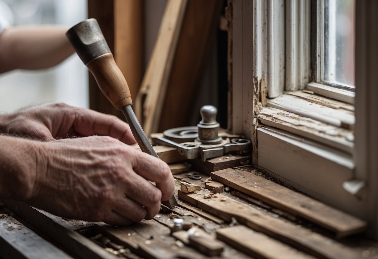 A sash window being carefully repaired with tools and materials laid out nearby. The window frame is being restored to its former glory