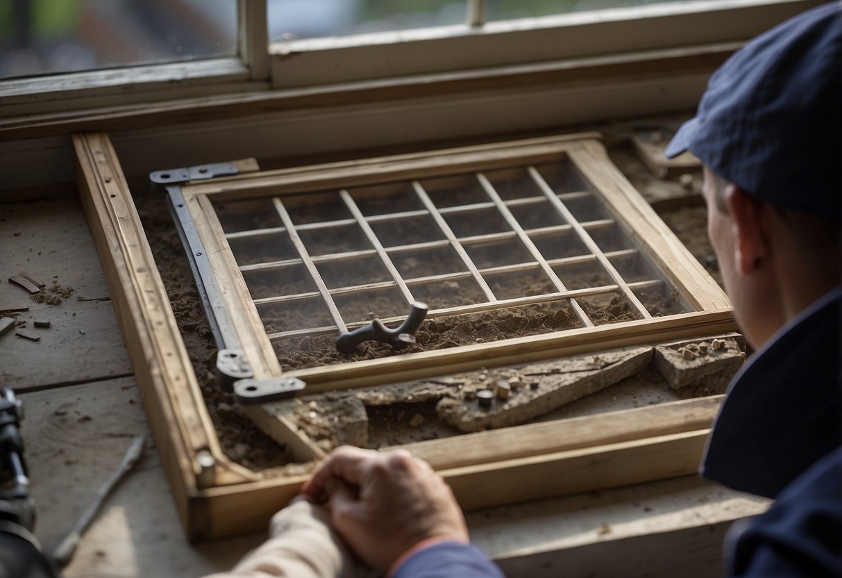 A sash window being carefully examined for potential repair or replacement, with tools and materials laid out nearby for comparison