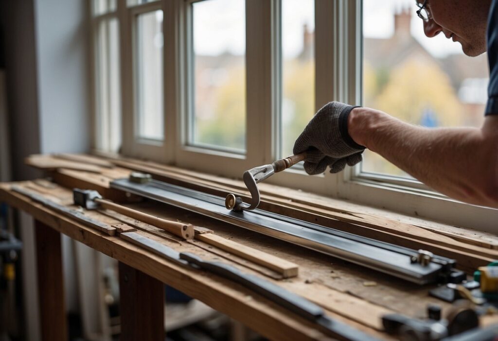 A sash window being repaired and another being replaced, with tools and materials laid out nearby for comparison