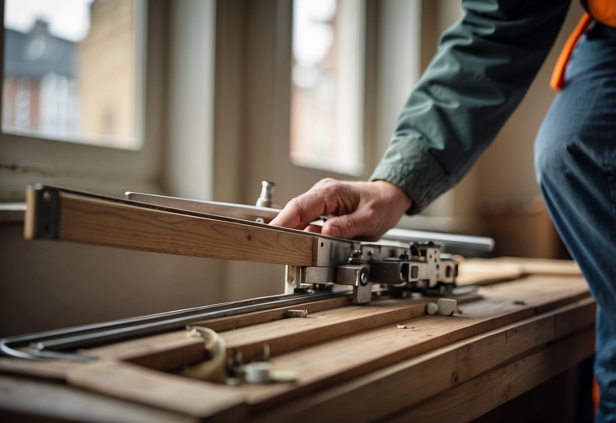 A sash window being installed in a historic building, surrounded by tools and materials showcasing the evolution of window technology and innovation