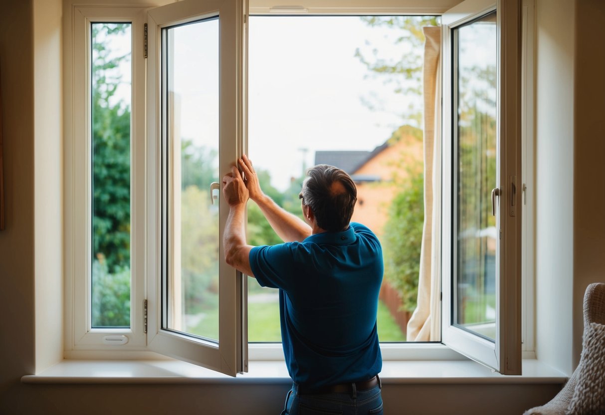 An open window with visible gaps and drafts, surrounded by a cozy home interior with a person inspecting and sealing the gaps