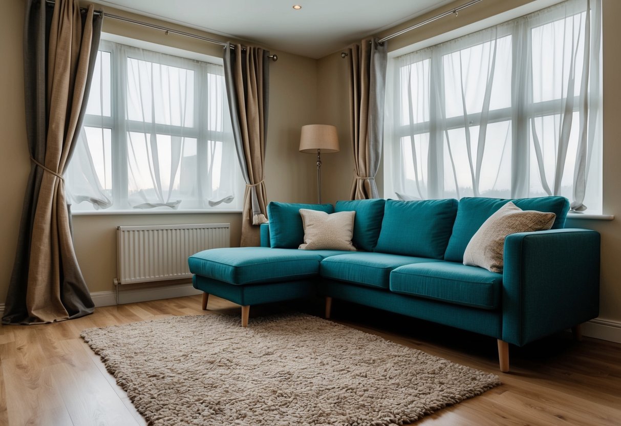 A cozy living room with a window showing signs of drafts, such as curtains billowing and a noticeable temperature difference near the window