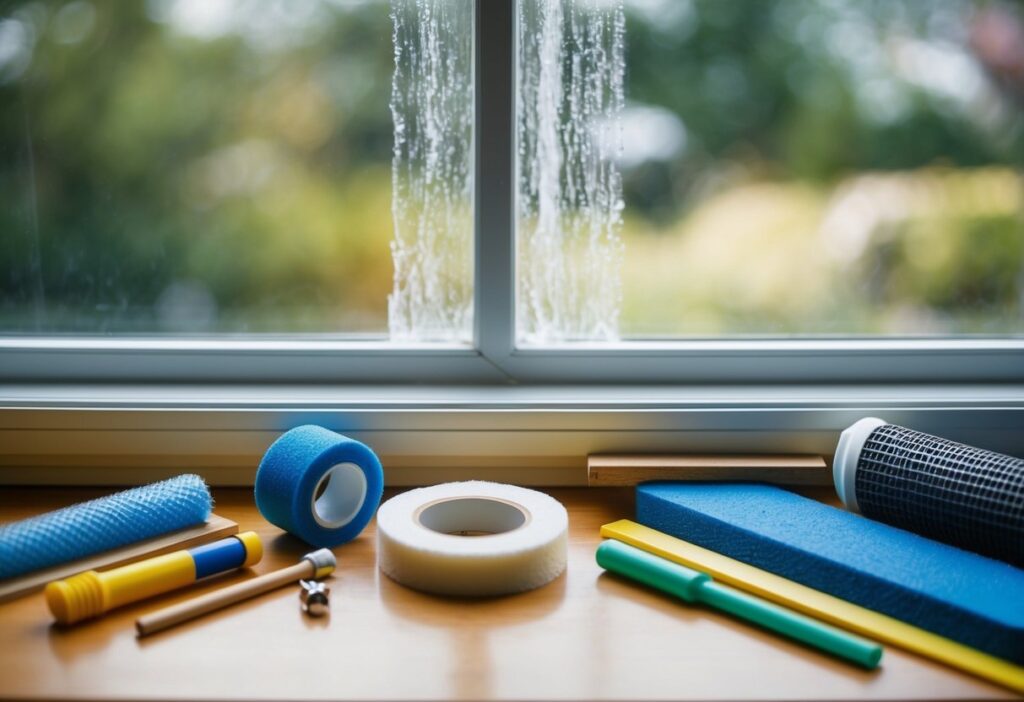 A window with a visible draft, surrounded by various tools and materials for draught-proofing, such as weather stripping, caulk, and a draft stopper