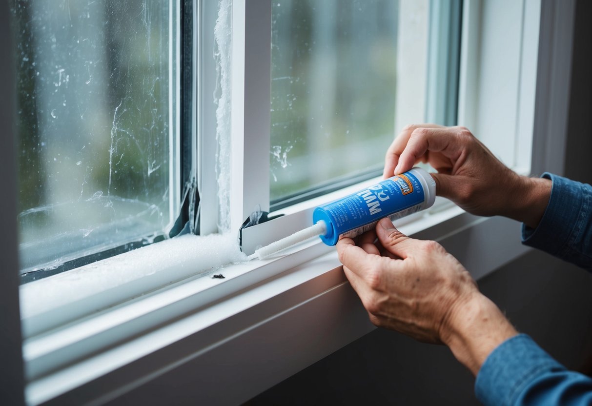 A window with visible gaps and cracks, cold air seeping through. A person using sealant and weatherstripping to fill in the gaps