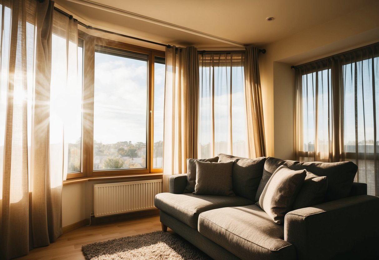 A cozy living room with sunlight streaming in through a window. A draft is visible, causing the curtains to billow slightly