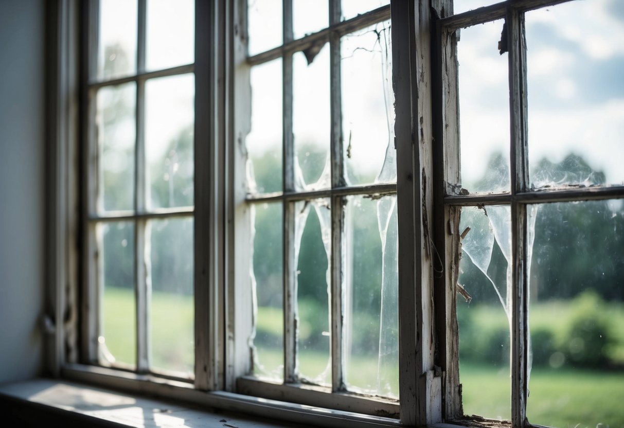 A sash window with visible signs of rot and decay. Cracked or missing panes, uneven movement, and gaps between the sashes are evident