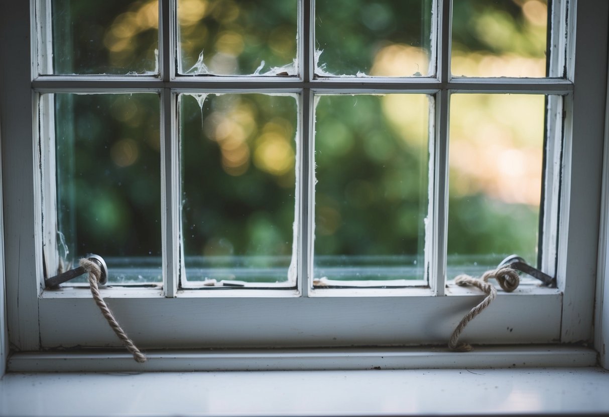 A sash window with visible signs of wear and tear, including cracked paint, loose cords, and gaps between the sashes