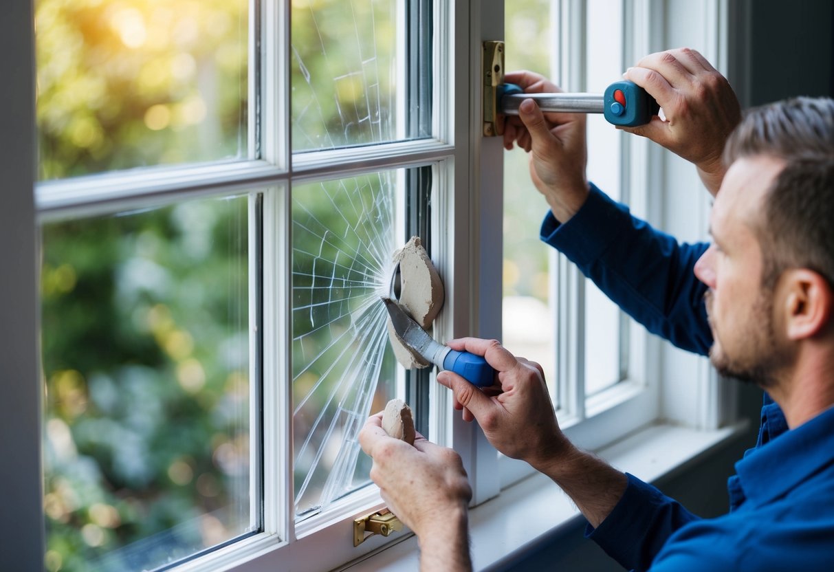 A carpenter carefully removes old putty from a sash window, while another applies new putty to a cracked pane. A third person adjusts the balance system to ensure smooth operation