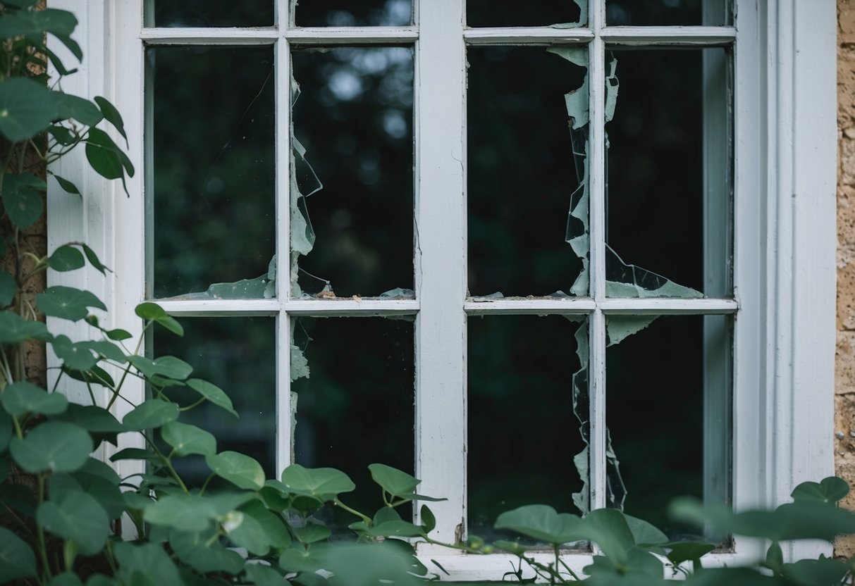 A sash window with peeling paint and cracked glass, surrounded by overgrown foliage. A draft is visible through gaps in the frame