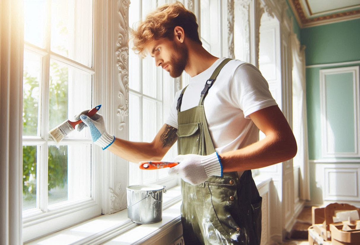 A young man wearing green overalls whilst painting, he knows how to paint sash windows