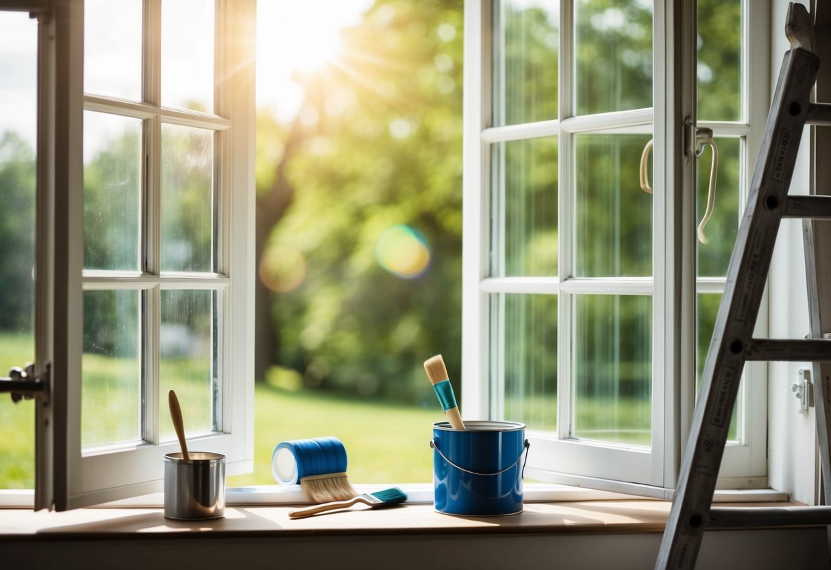 An open window with a sash frame, paintbrush, paint can, and ladder. Sunlight streams through the glass onto the wooden surface