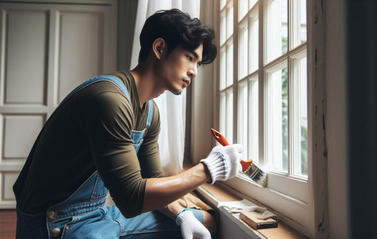 A young man wearing blue overalls while painting a sash window