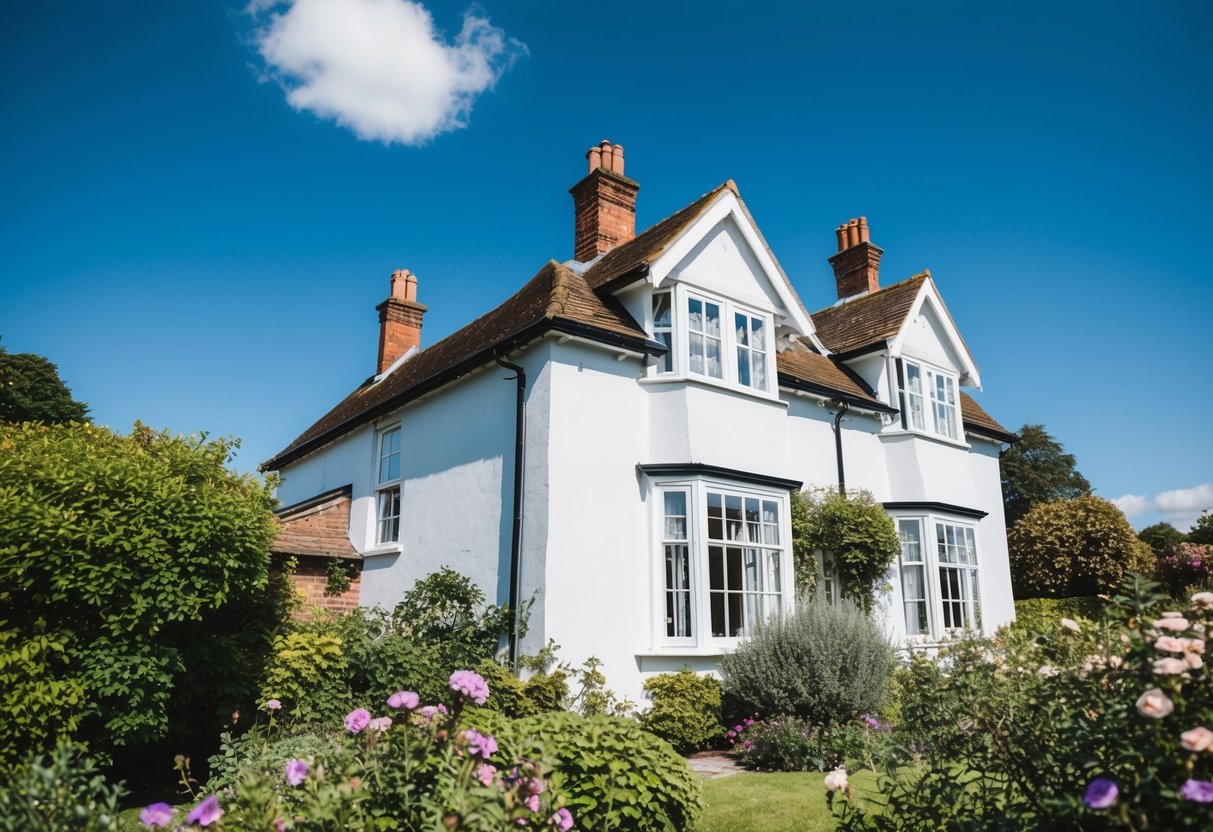 A sunny day with a blue sky, a traditional house with white sash windows, surrounded by greenery and flowers