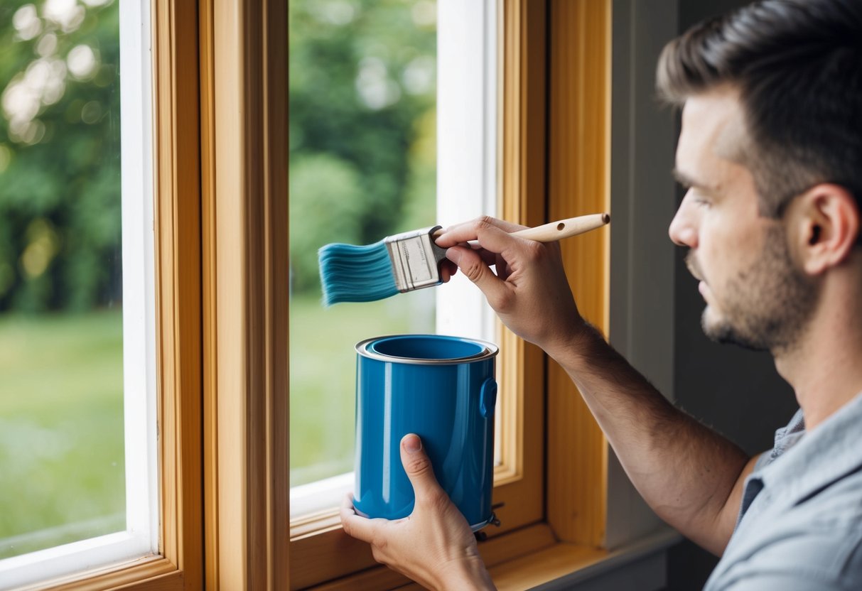 A painter carefully priming and painting the wooden sash window frame with a brush and can of paint