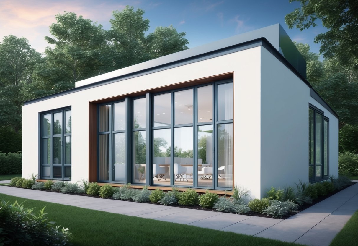 A modern home with sleek windows fitted with secondary glazing, surrounded by lush greenery and showing signs of energy efficiency