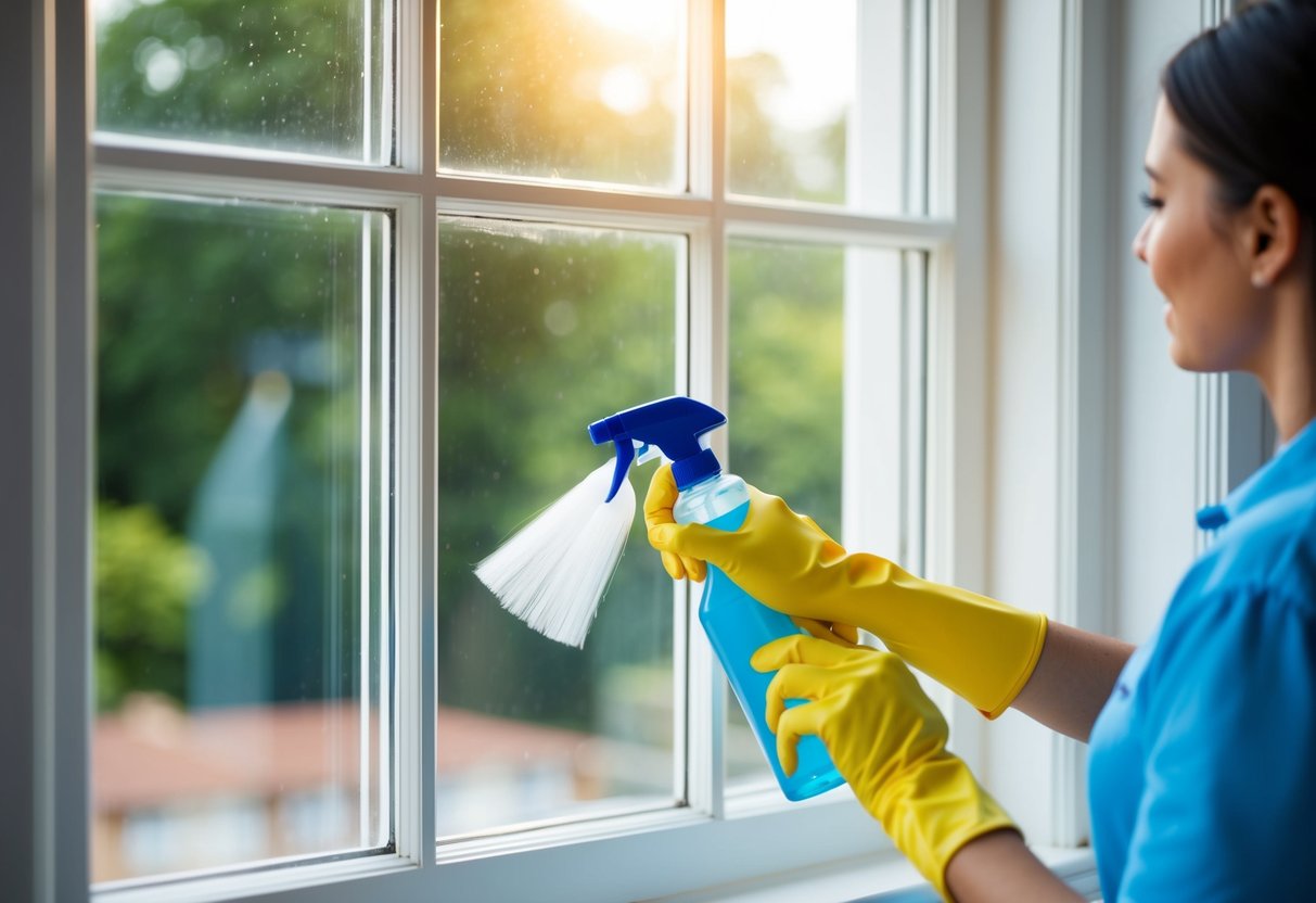 A person using a cloth and spray bottle to clean the exterior of a sash window on a sunny day