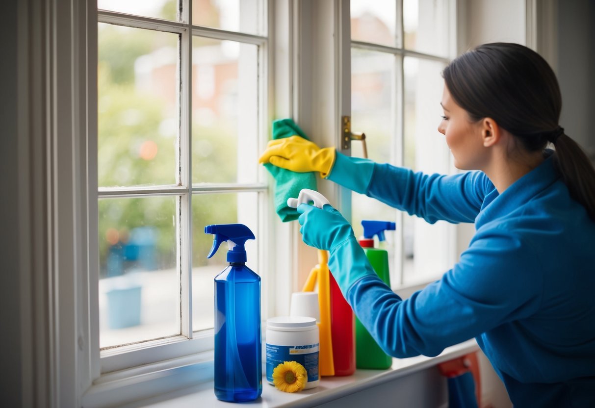 A person gathering cleaning supplies and opening a sash window