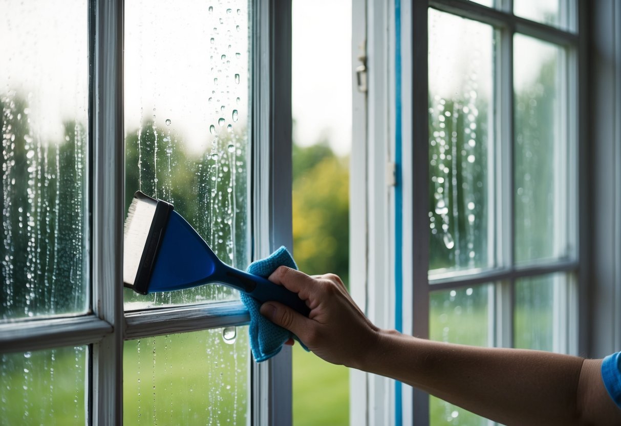 A pair of sash windows being cleaned with a squeegee and a cloth, with water droplets and streaks on the glass