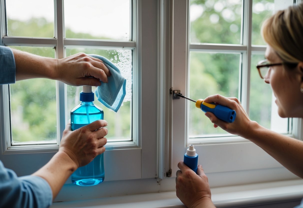 A person cleaning a sash window with a cloth and spray bottle, while another person uses a screwdriver to make minor repairs, they know how to clean sash windows