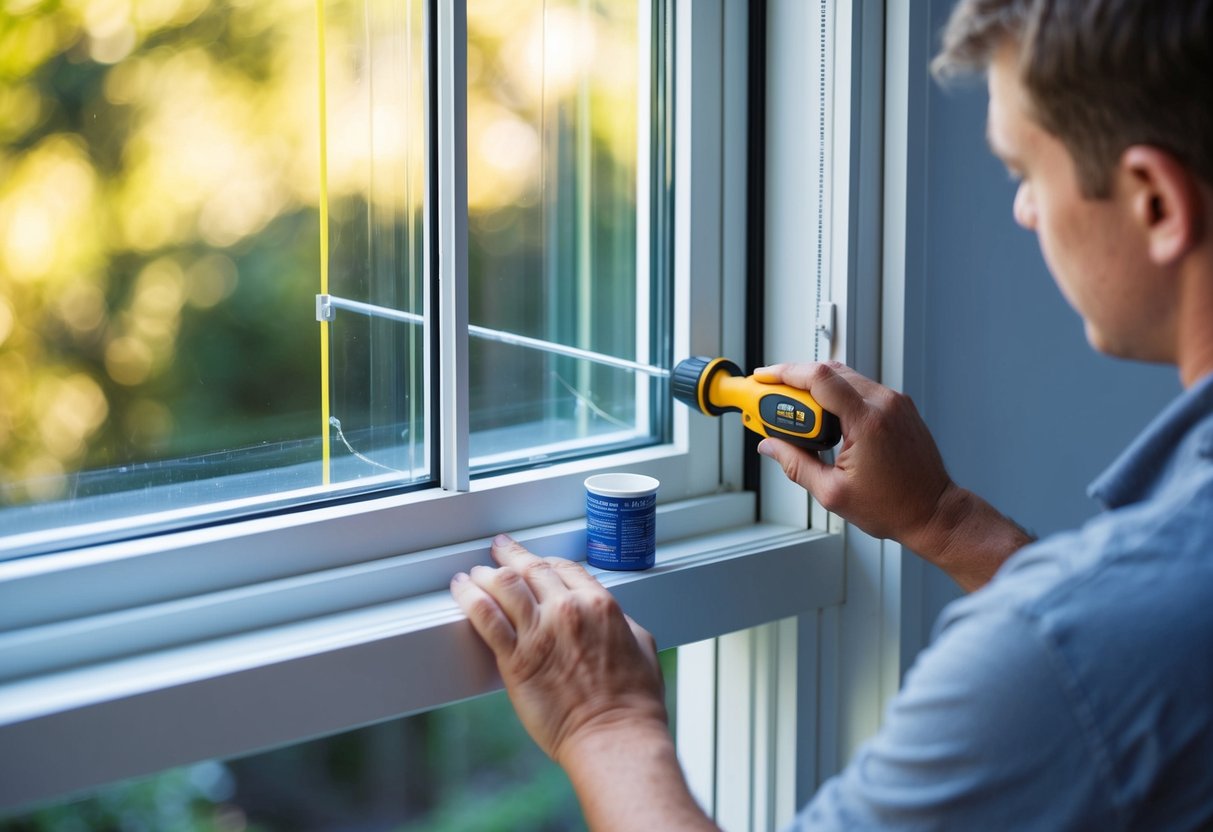 A person measures, cuts, and installs secondary glazing on a window, using a screwdriver and sealant to secure the frame in place