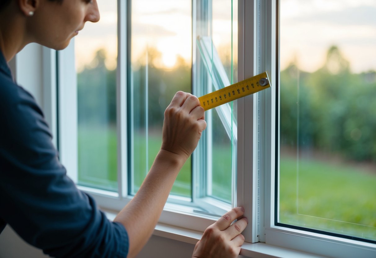 A person measuring, cutting, and installing secondary glazing onto a window frame using a step-by-step guide