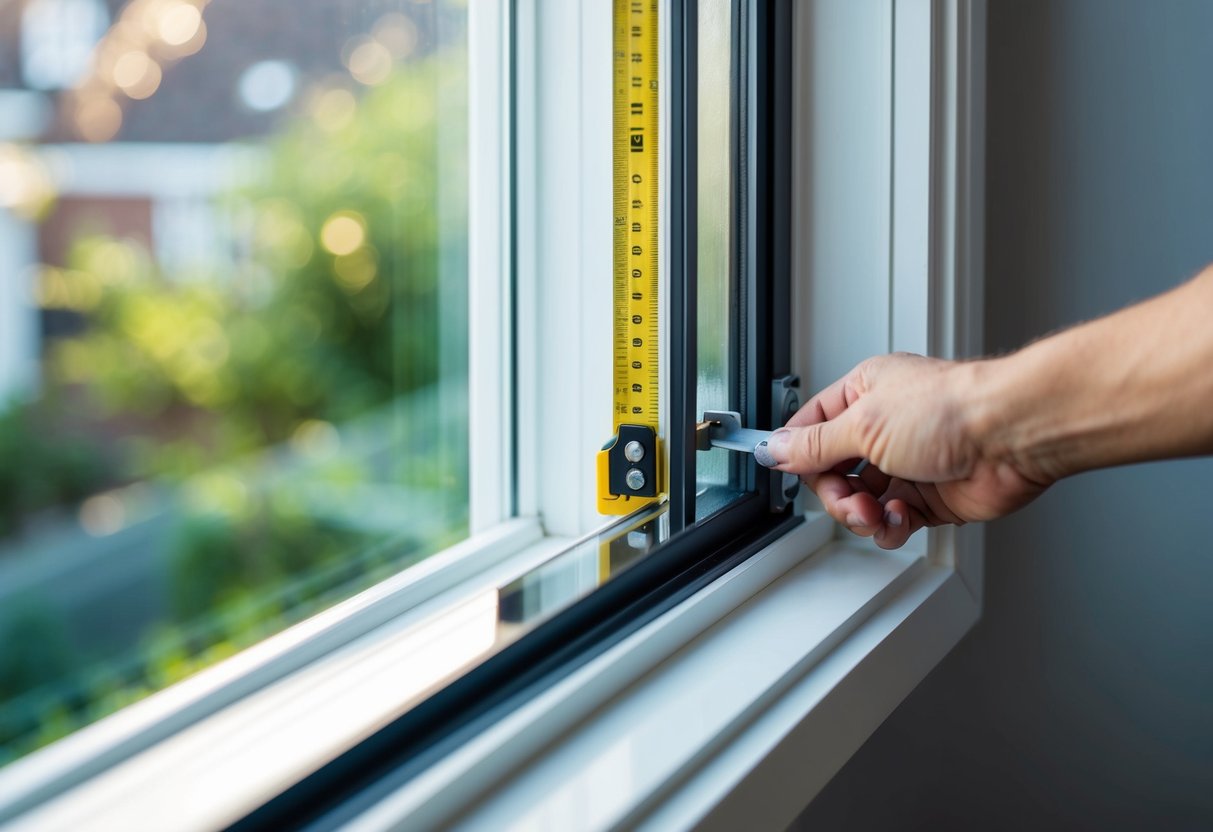 A person measuring, cutting, and fitting secondary glazing onto a window frame, using a step-by-step guide for installation