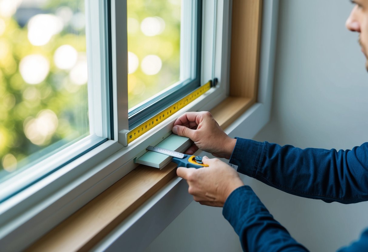 A person measuring, cutting, and installing secondary glazing on a window, using a step-by-step guide