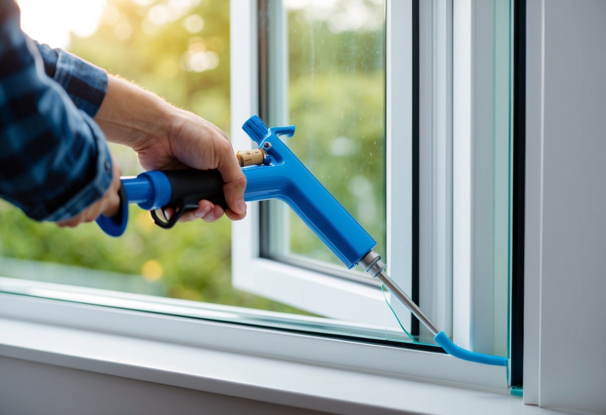 A person using a silicone gun to seal the edges of a secondary glazing panel installed on a window frame