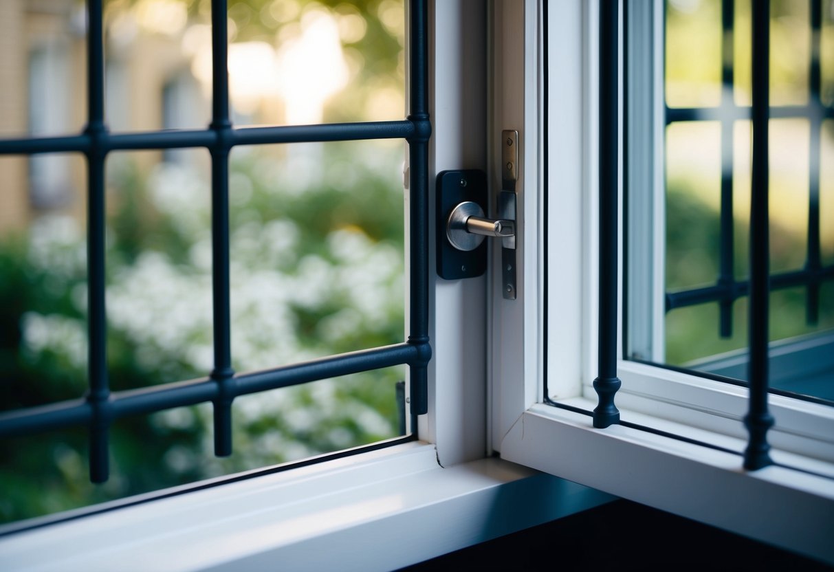 A sash window with a secure lock and reinforced frame, surrounded by a sturdy window grille or bars