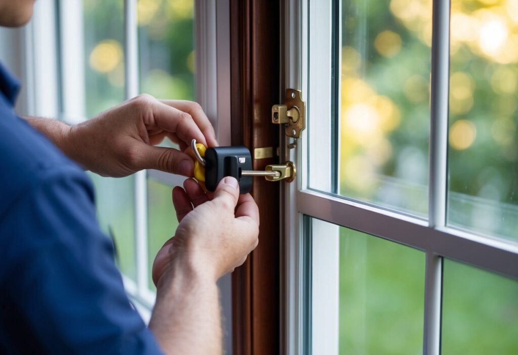 A hand installing a lock and restrictor on a sash window