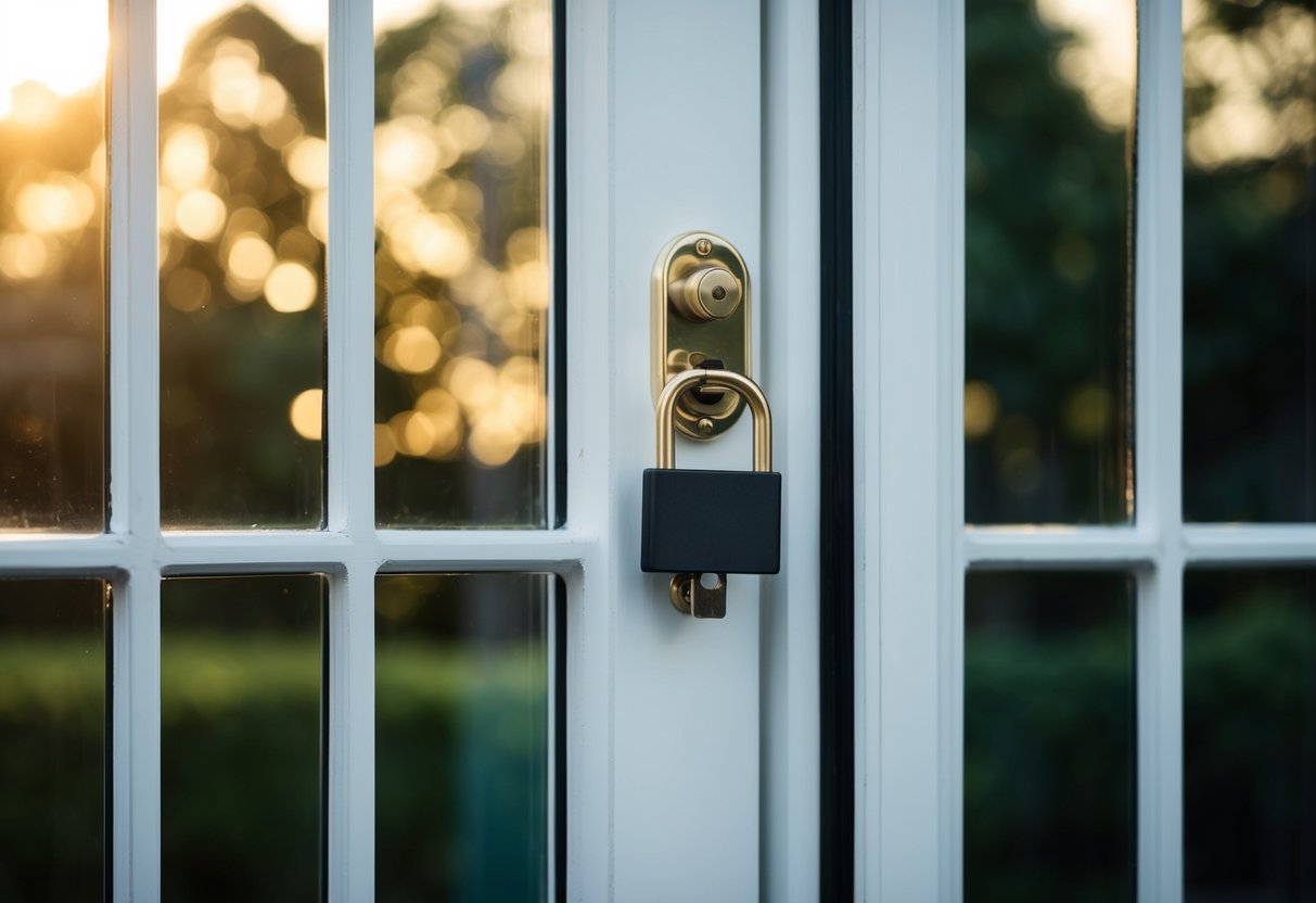 A sash window with multiple security measures: locks, bars, and reinforced glass