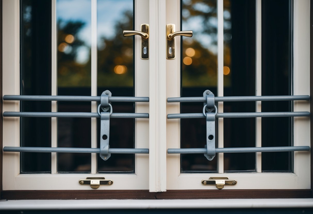 A pair of sash windows locked securely with metal latches, surrounded by sturdy wooden frames and protected by burglar bars