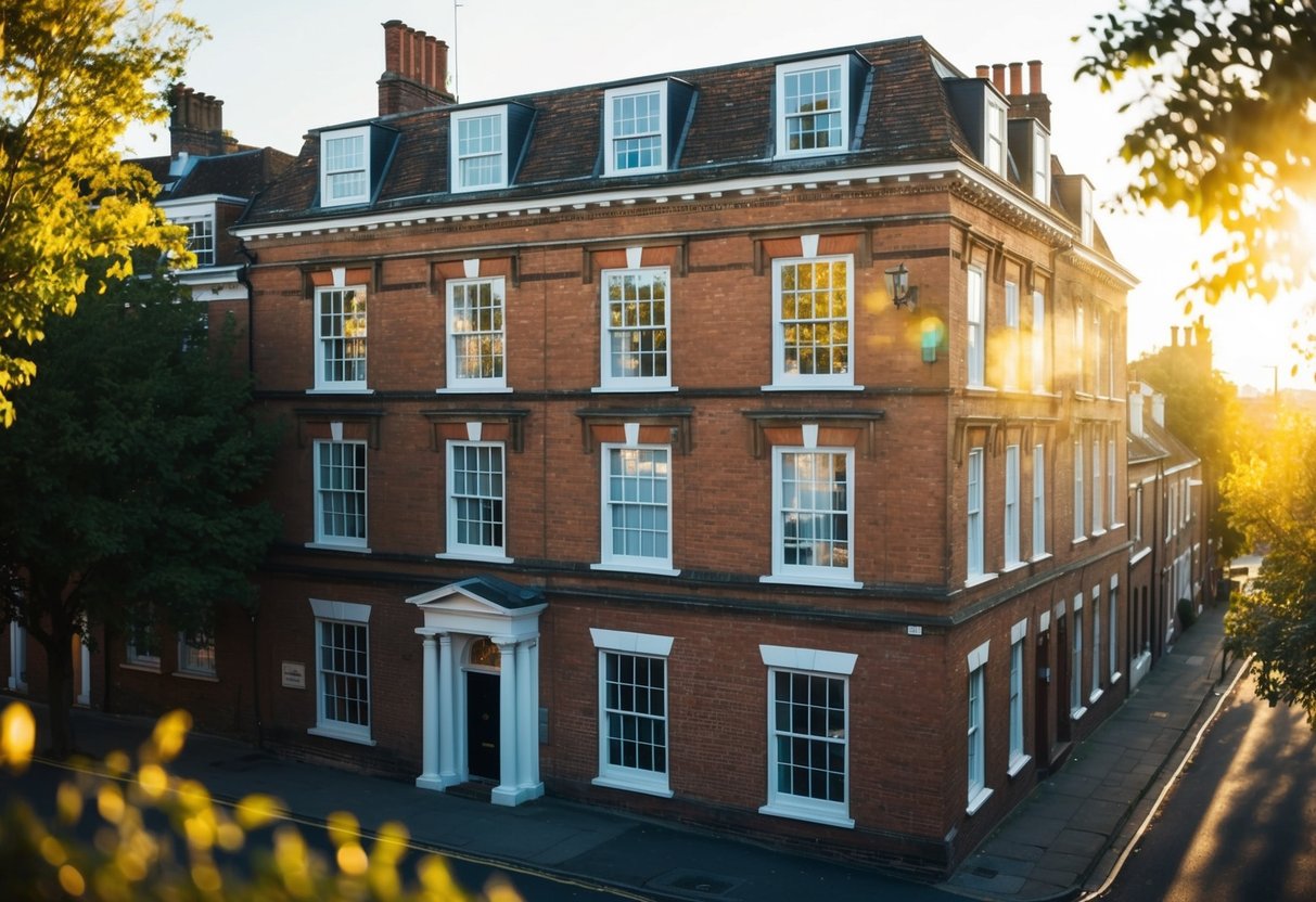 A traditional brick building with sash windows overlooking a tree-lined street, bathed in warm sunlight