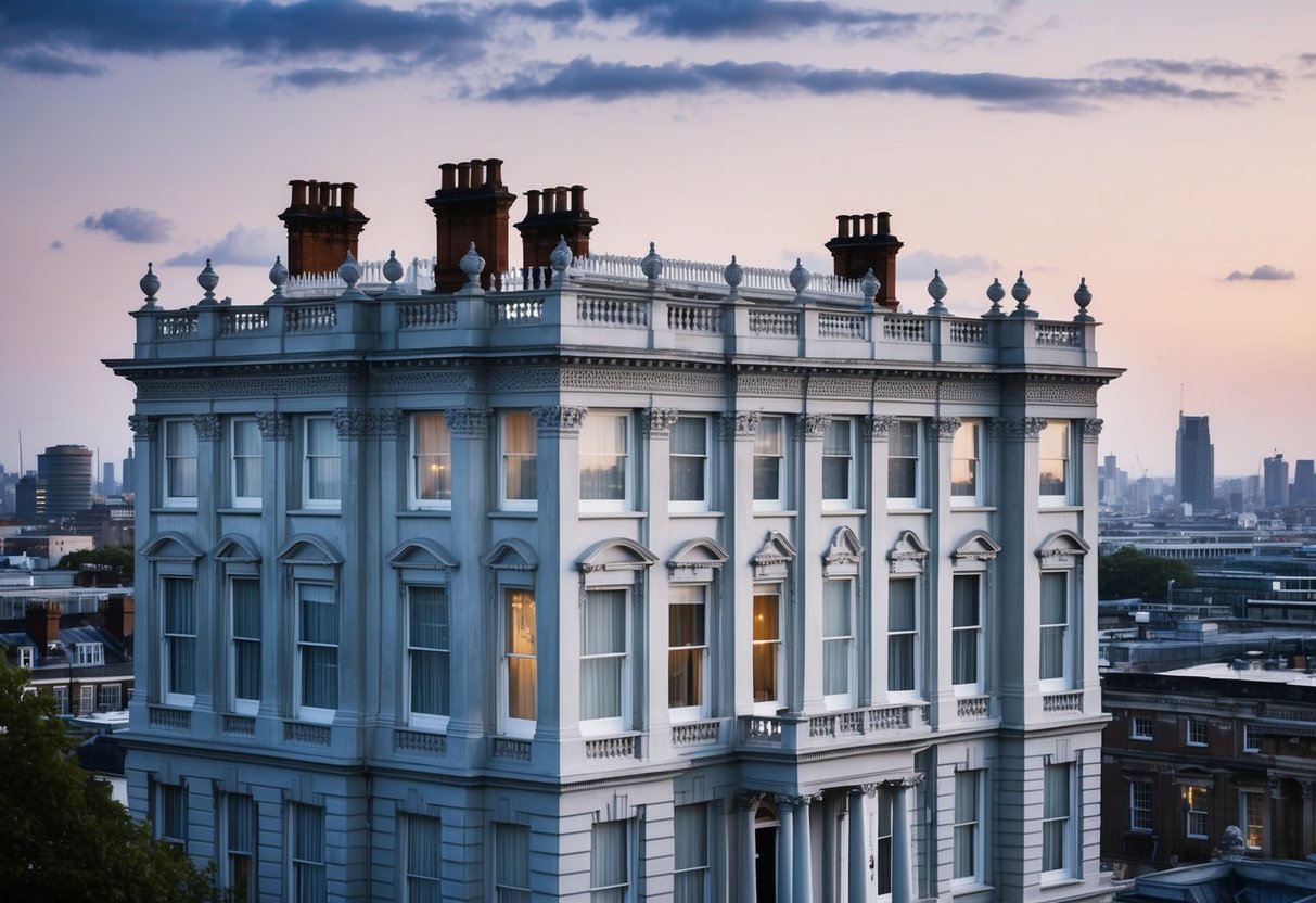 A grand Victorian mansion with ornate sash windows, set against a backdrop of a bustling city. The windows symbolize wealth and status, showcasing the historical significance of sash windows