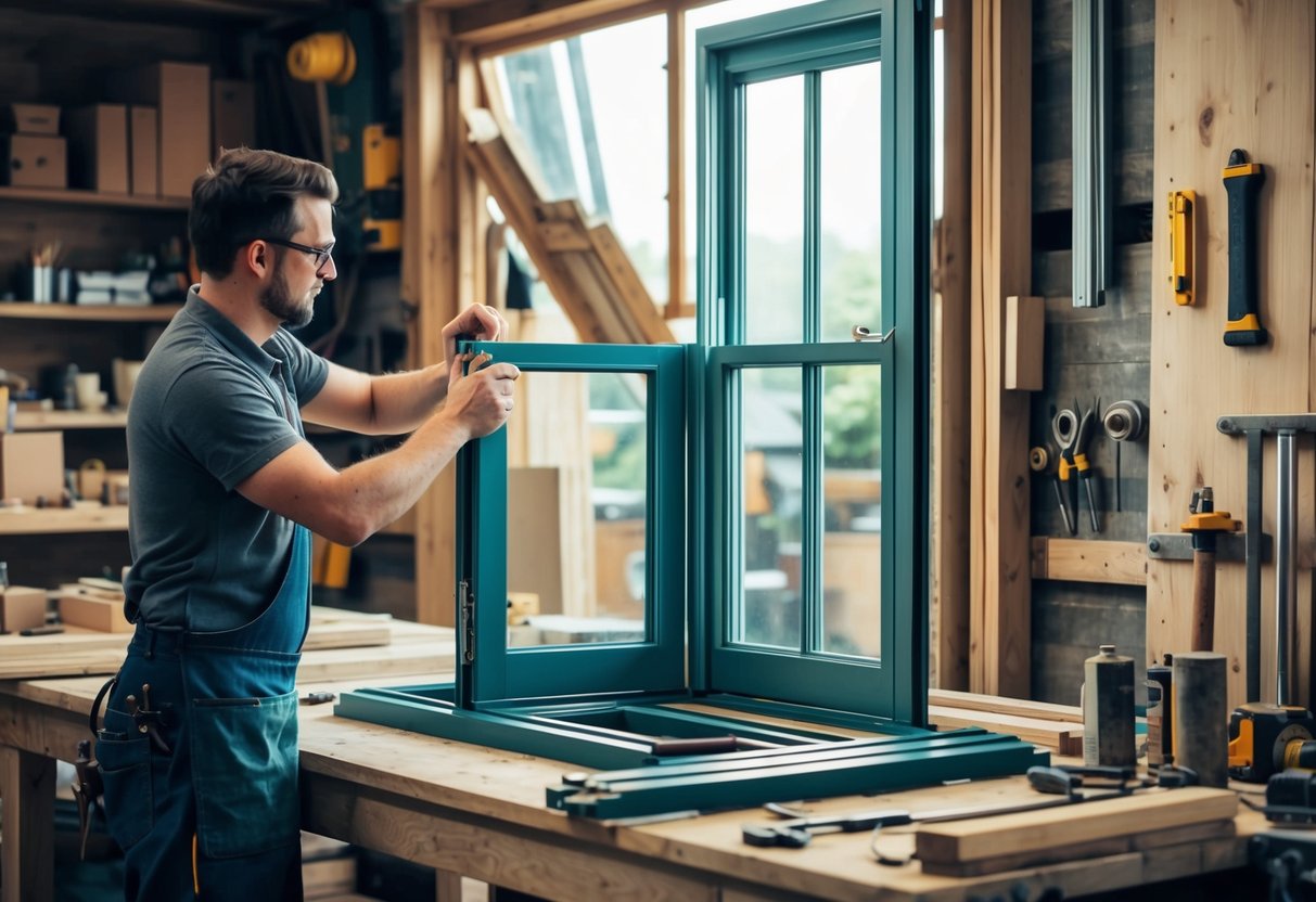 A detailed illustration of a sash window being meticulously crafted by skilled hands in a workshop, surrounded by various high-quality materials and tools, maybe this answers the question - Why are sash windows so expensive?