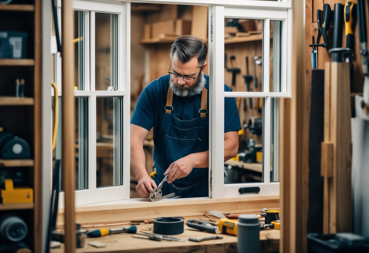 A skilled craftsman meticulously handcrafting intricate details on a custom sash window, surrounded by various tools and materials