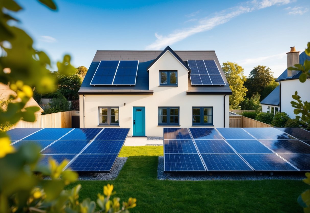 A modern, well-insulated house with sash windows, surrounded by energy-efficient appliances and solar panels