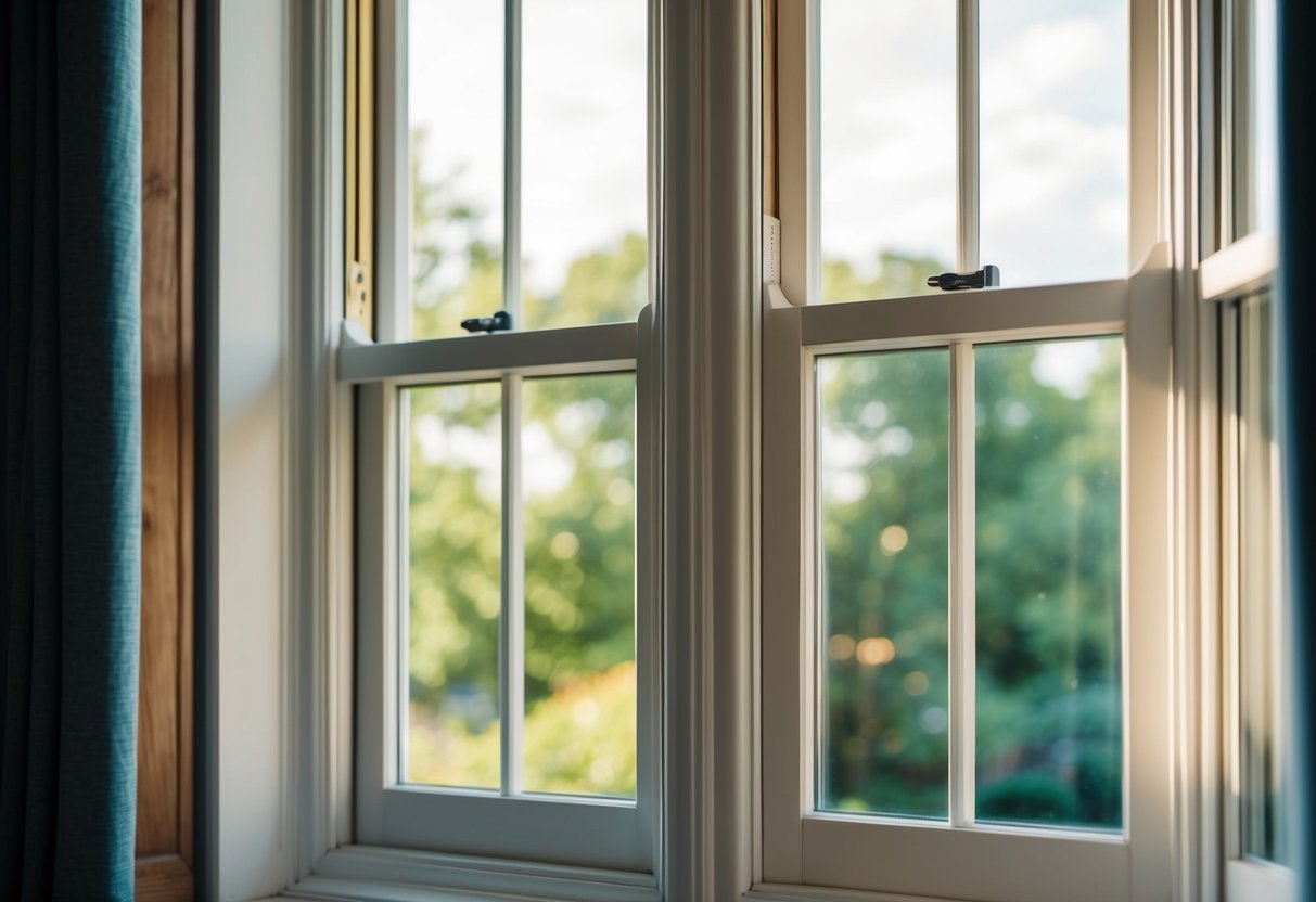 A double hung sash window with two movable panels, one on top of the other, set within a wooden frame, allowing for adjustable ventilation