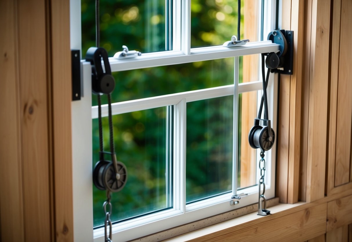 A double hung sash window being installed in a wooden frame with a pulley system and counterweights