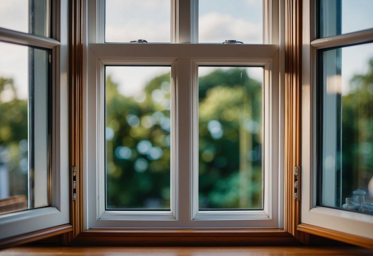 A double hung sash window with two movable panels, one above the other, set within a traditional wooden frame