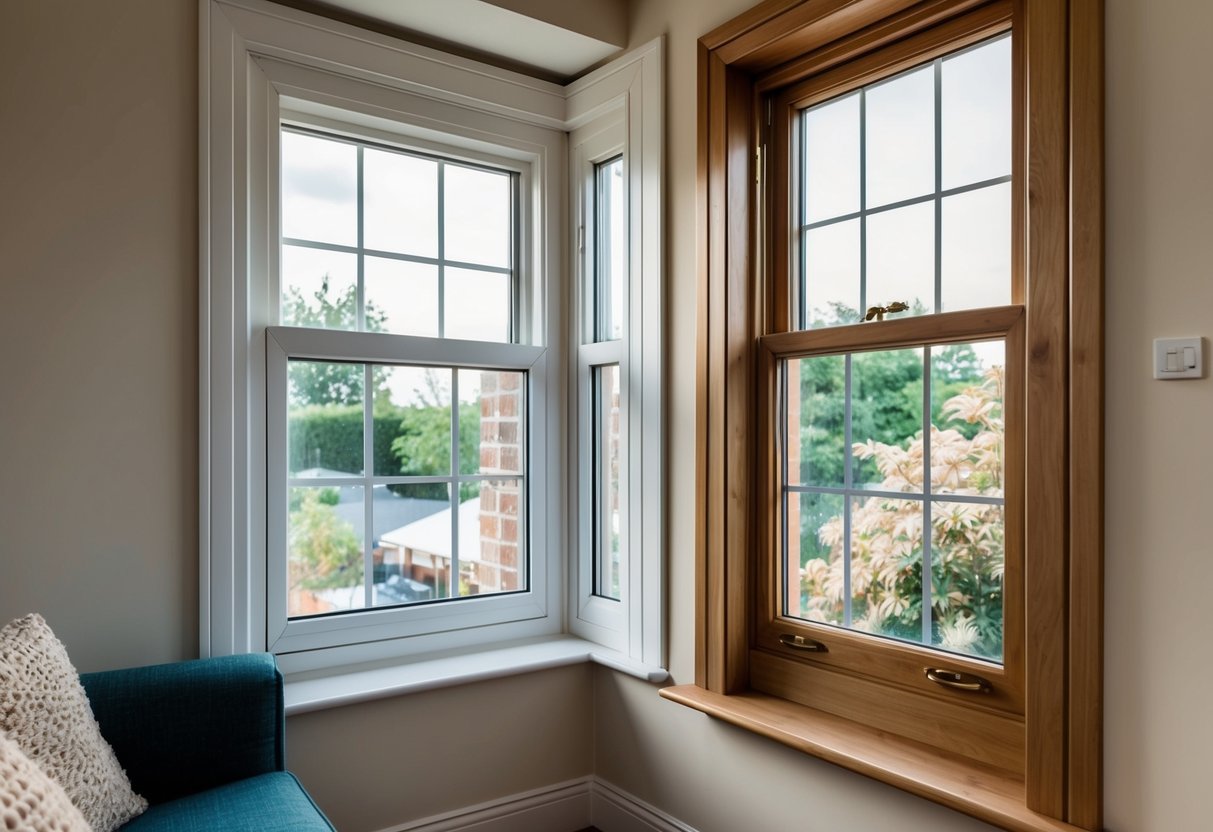 A cozy living room with a large window. On one side, a uPVC window with clean lines and modern design. On the other side, a wooden window with a traditional and classic look