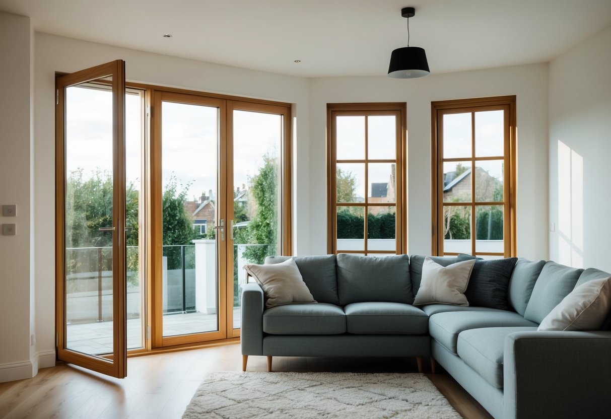 A modern, clean living room with large windows showcasing both uPVC and wooden window frames. The room is filled with natural light and stylish furniture, creating a warm and inviting atmosphere