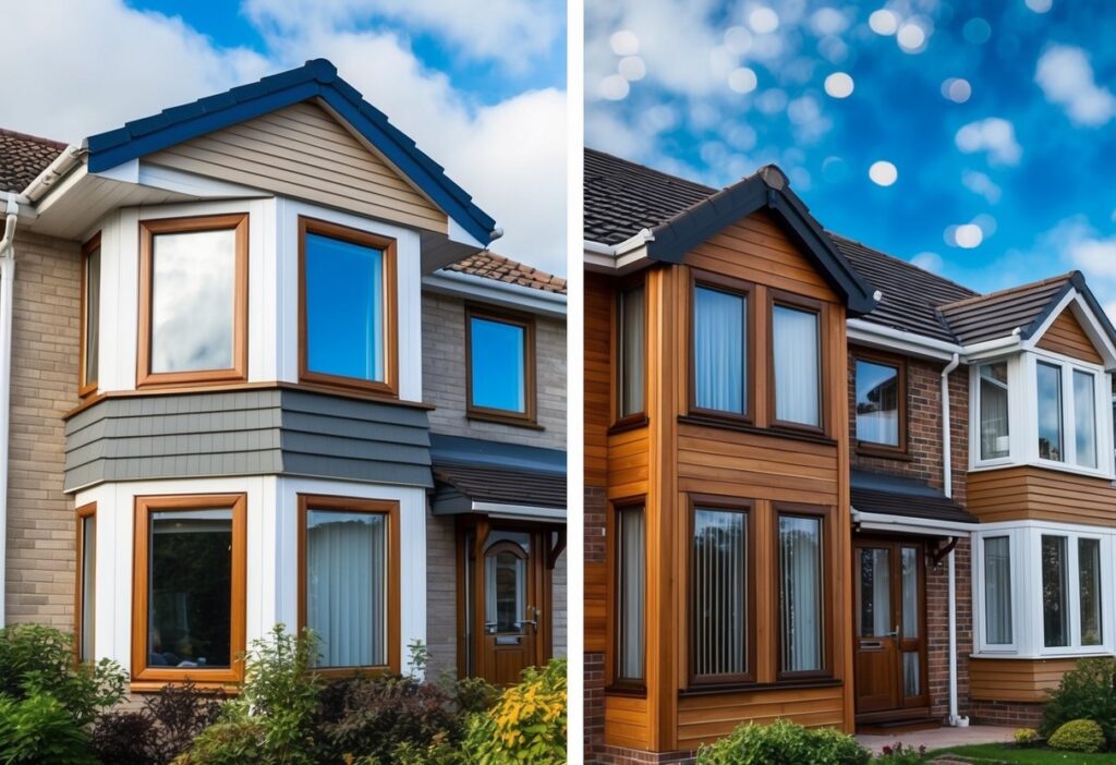 A house with uPVC and wooden windows side by side, showcasing their durability and aesthetics in different weather conditions