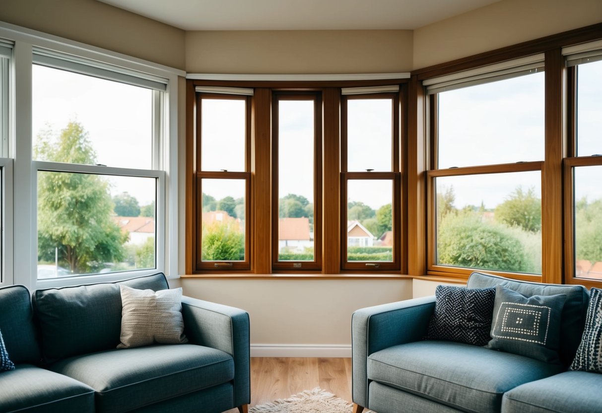 A cozy living room with two large windows side by side, one made of uPVC and the other of wood, showcasing the contrast between the two materials