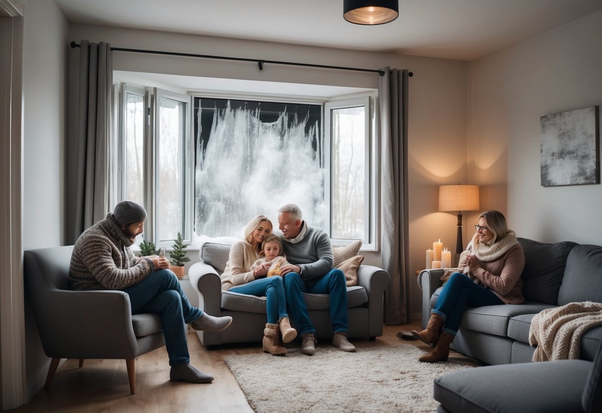 A cozy living room with a drafty window, showing cold air seeping in and warm air escaping, while a family sits inside, shivering