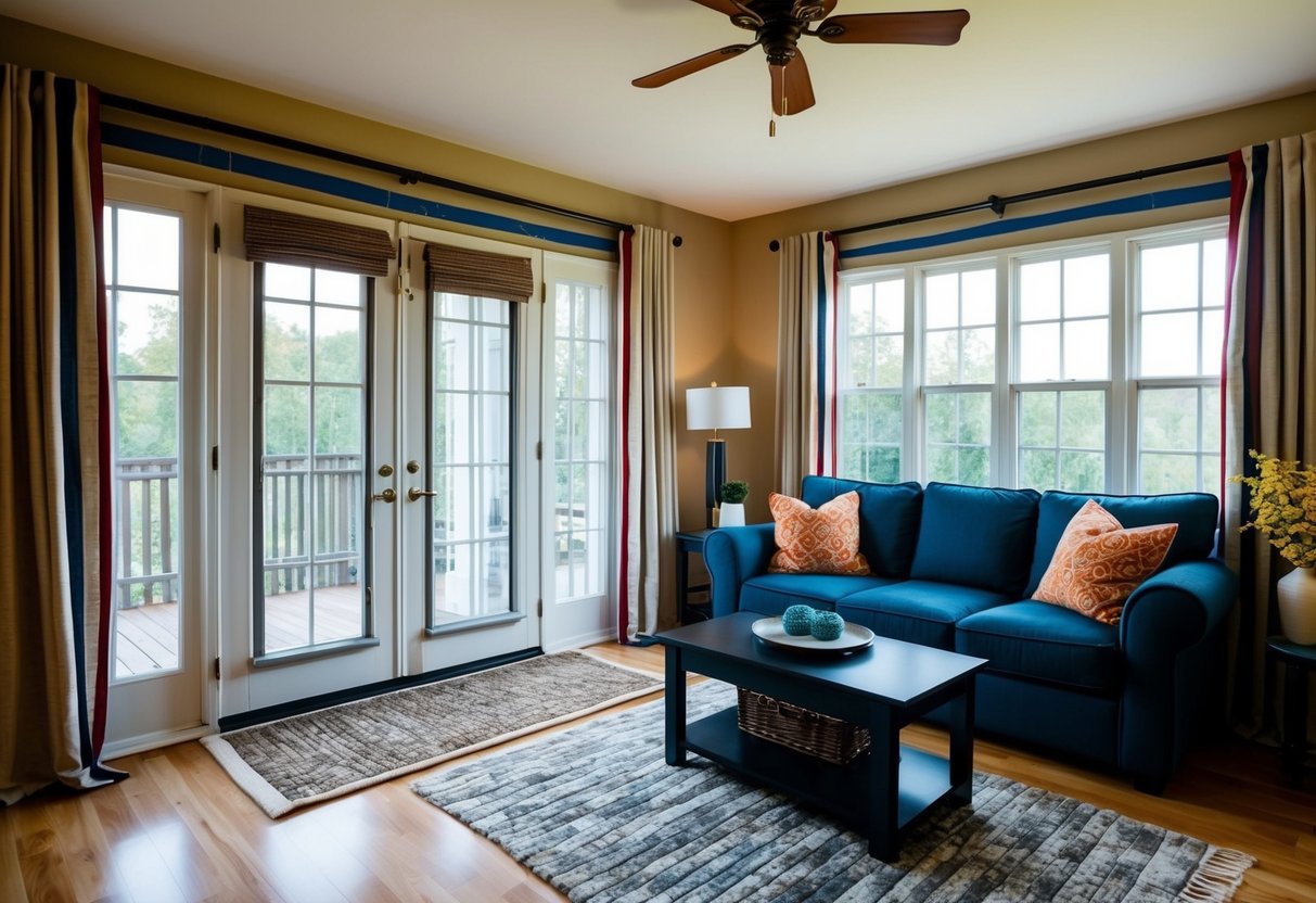 A cozy living room with windows and doors sealed with weather stripping, draft excluders, and caulking. Curtains and rugs help to insulate the space