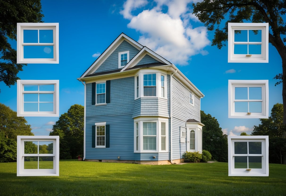 A house with various windows, some open and some closed, surrounded by trees and a blue sky