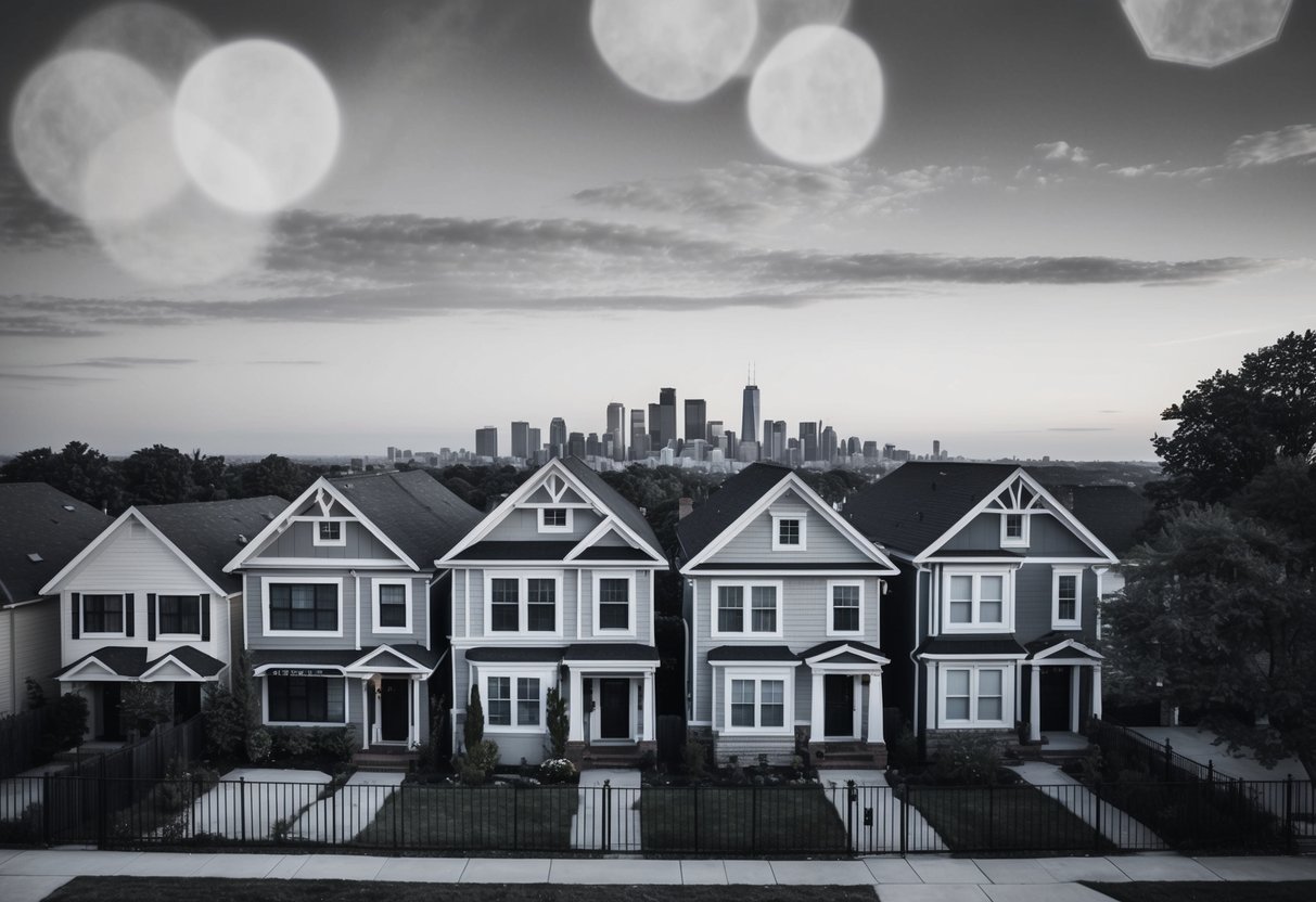 A suburban house with various window styles and sizes, surrounded by trees and a fence. A city skyline is visible in the background, like for like windows is unlikely to require planning permission.